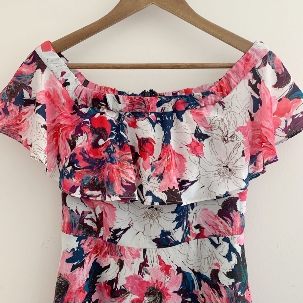 Black Halo Floral Off Shoulder Ruffle Mini Dress Sz 6 - Picture 3 of 7